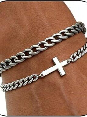 NEW 2 Pcs Silver Cuban Cross Bracelet Stainless Steel Cross Charm Bracelets Set